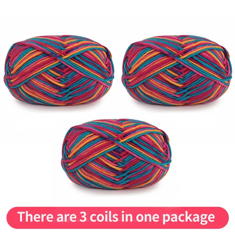 Three brightly variegated yarn skeins in pink, teal, orange and purple, shown as one package.