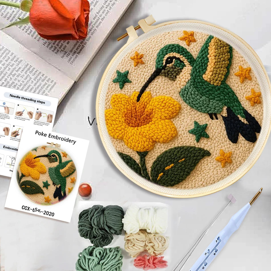 Punch Needle Kit, Hummingbird Love Design for Handmade Wall Decor & Gifts