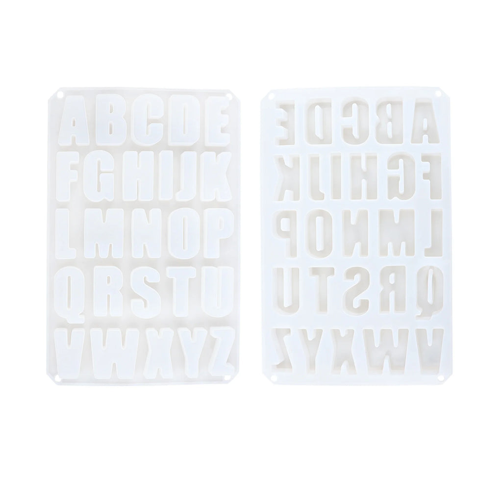 Front and reverse views of white alphabet silicone mold with uppercase letter cavities