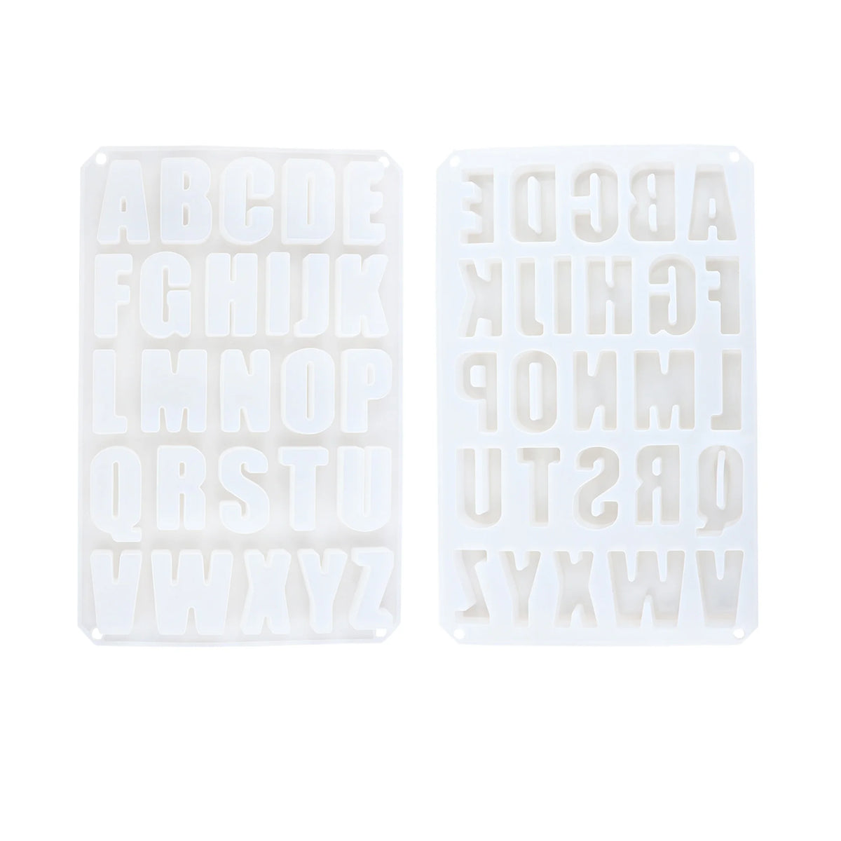 Front and reverse views of white alphabet silicone mold with uppercase letter cavities