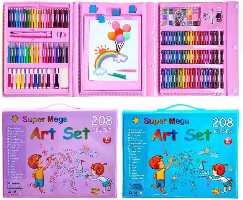 208-Piece Art Kit with Trifold Easel — Pastels, Crayons, Pencils & Watercolors