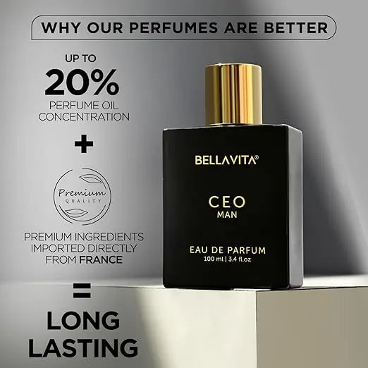Bellavita CEO Man perfume bottle with promotional text on a gray background