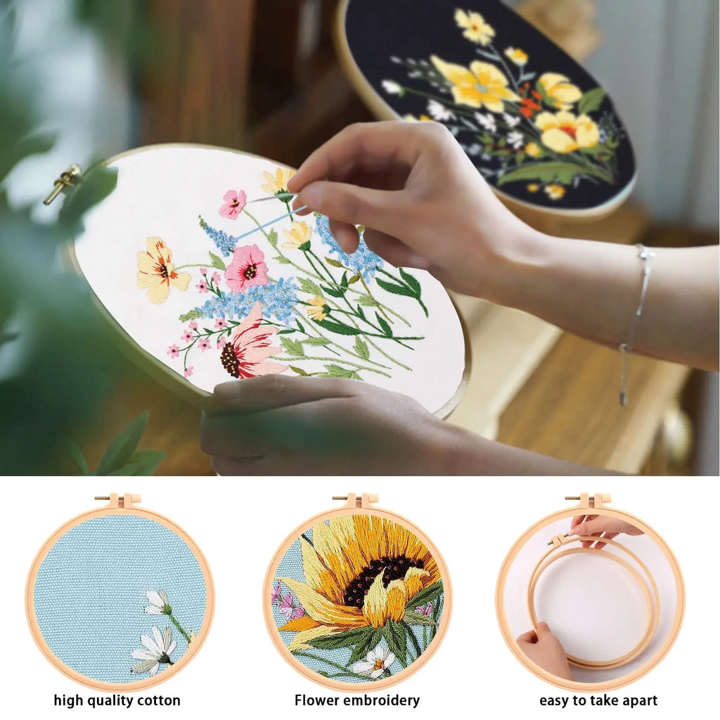 Embroidery Kit, Flower Designs with Hoop for Handmade Cross-Stitch Crafts