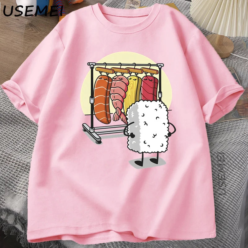 T-Shirt Sushi Wardrobe Funny Rice Ball Graphic Cotton Short Sleeve Unisex Tee