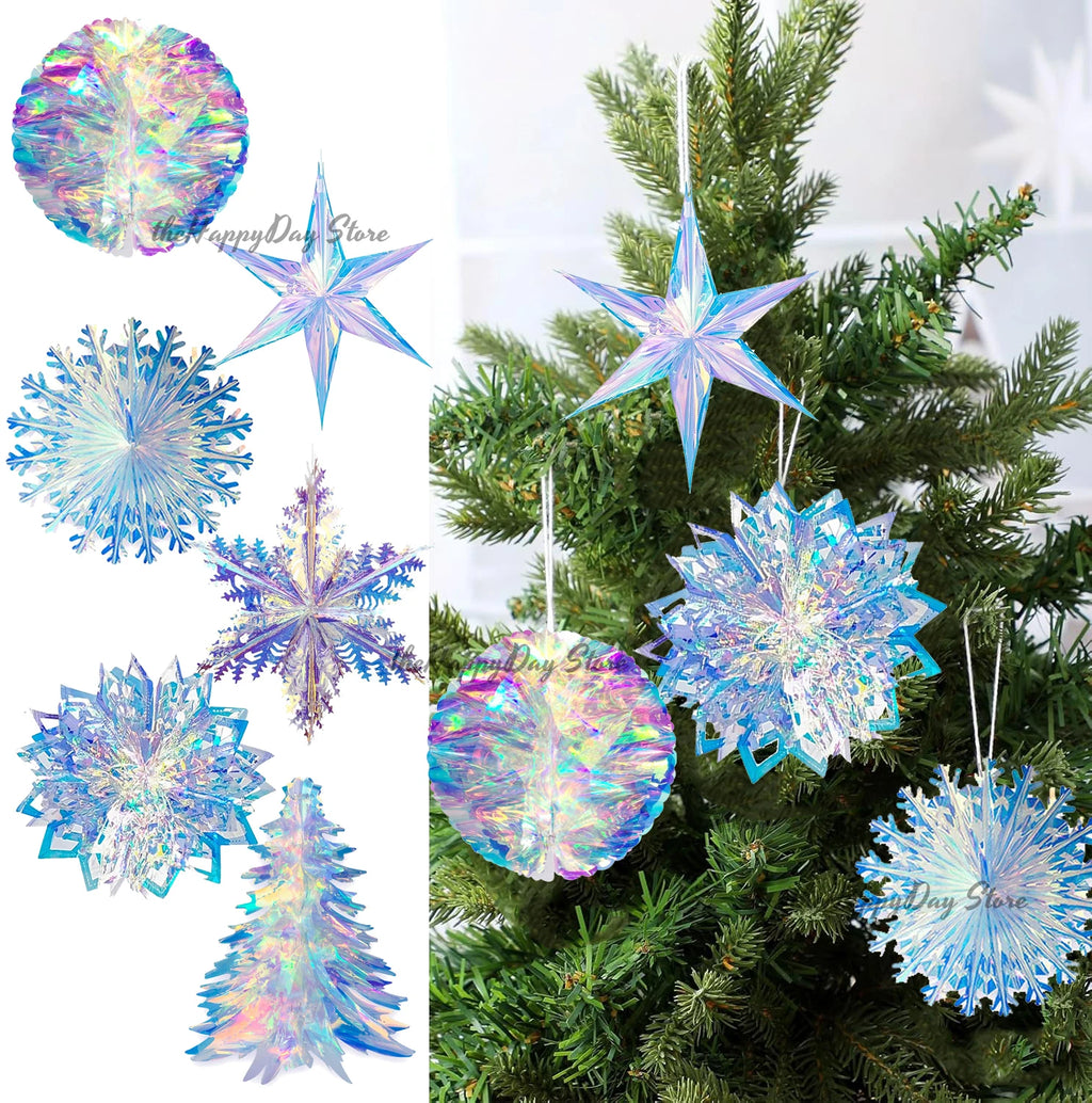 Christmas Iridescent Honeycomb Ball Hanging Ornaments Paper Fan Snowflake Garlands Iridescent Balls for Wedding Birthday Xmas