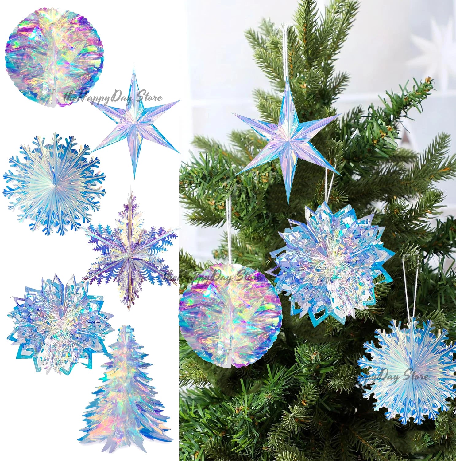Christmas Iridescent Honeycomb Ball Hanging Ornaments Paper Fan Snowflake Garlands Iridescent Balls for Wedding Birthday Xmas
