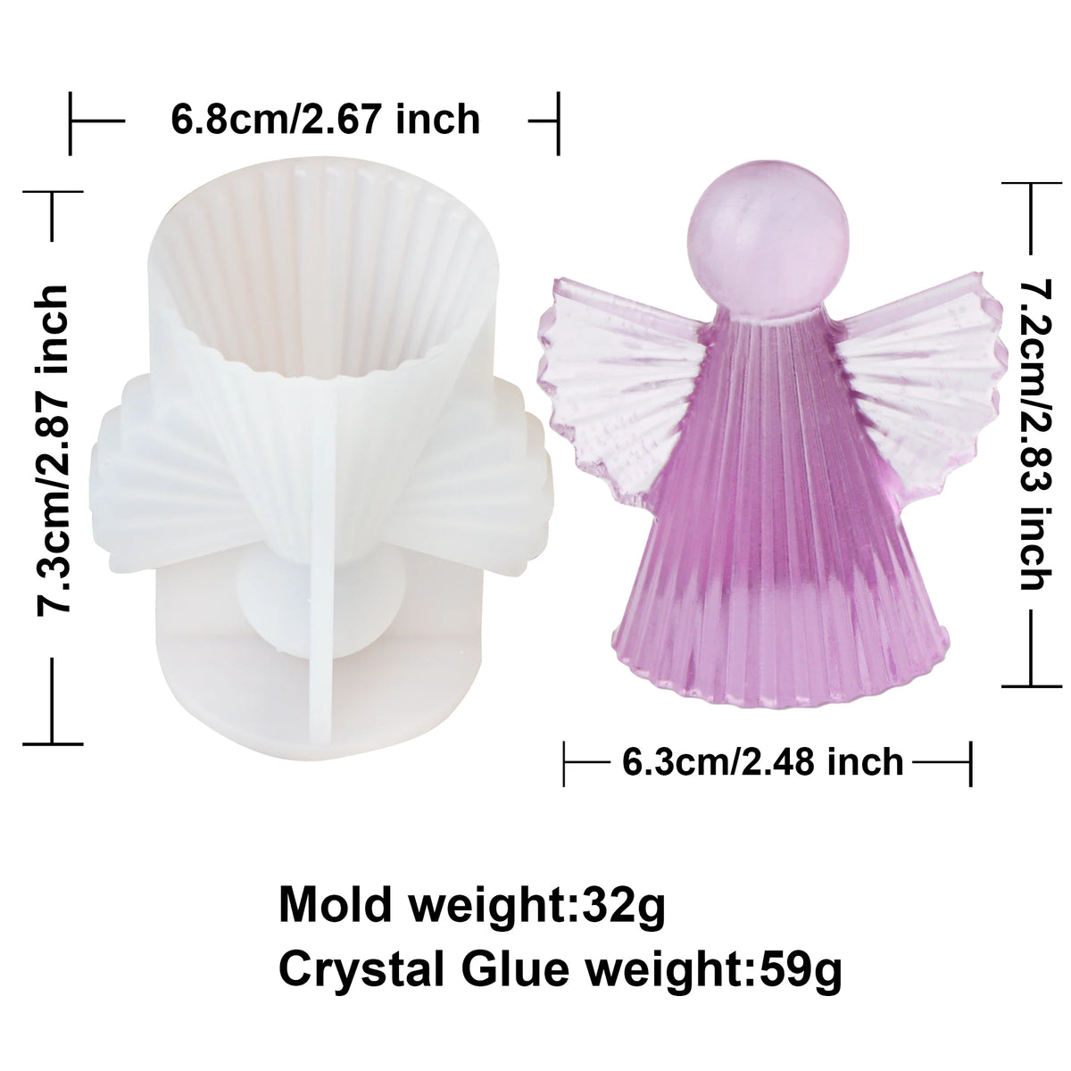 Two small decorative crystal ornaments shown on a white background with measurement labels and text listing mold weight 32g and crystal glue weight 59g. The left item is a white shell-shaped cup-like ornament, and the right item is a pale pink angel-shaped ornament with wings and a round top.