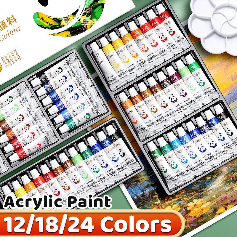 Acrylic Paint Set 5ml Tubes — 12 or 24 Colors, Water-Proof Pigments