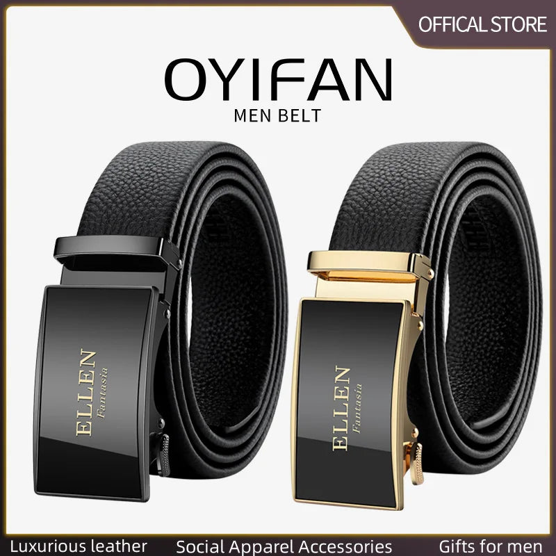 Men's Ratchet Leather Belt Alloy Automatic Buckle for Jeans, Dress & Business