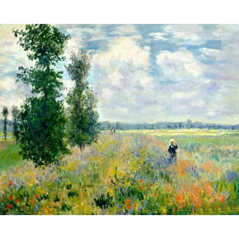 Painting of a landscape with a person walking through a field of flowers under a blue sky with clouds.