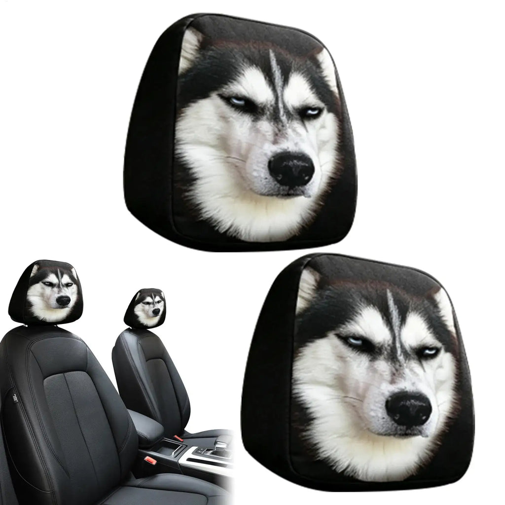 Three car seat cover headrests featuring a printed husky dog face design, shown on a white background with one inset demonstrating use on black car seats.