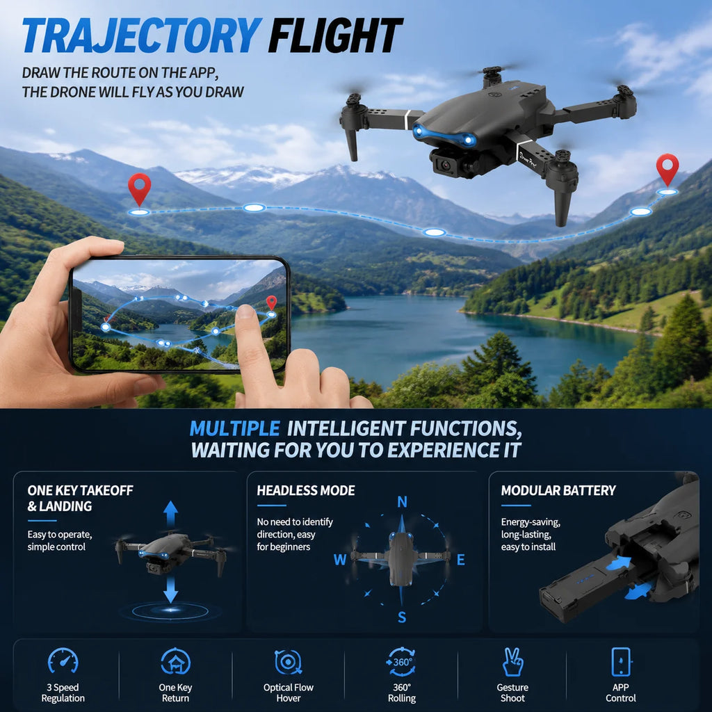 Promotional graphic for a quadcopter drone labeled 'Trajectory Flight' with a smartphone app interface shown on a phone screen and a hand interacting with it. The background features a scenic mountain lake landscape, and the lower section lists features such as one-key takeoff and landing, headless mode, modular battery, and intelligent functions.