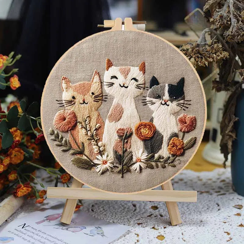 Embroidery Kit, Cats & Flowers with Needles & Thread for Handmade Crafts
