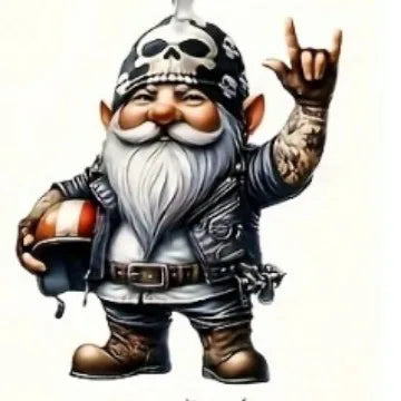 A cartoon-style biker gnome with a long white beard, skull-patterned hat, tattoos, and boots, holding a small helmet and making a rock-on gesture, on a plain light background.
