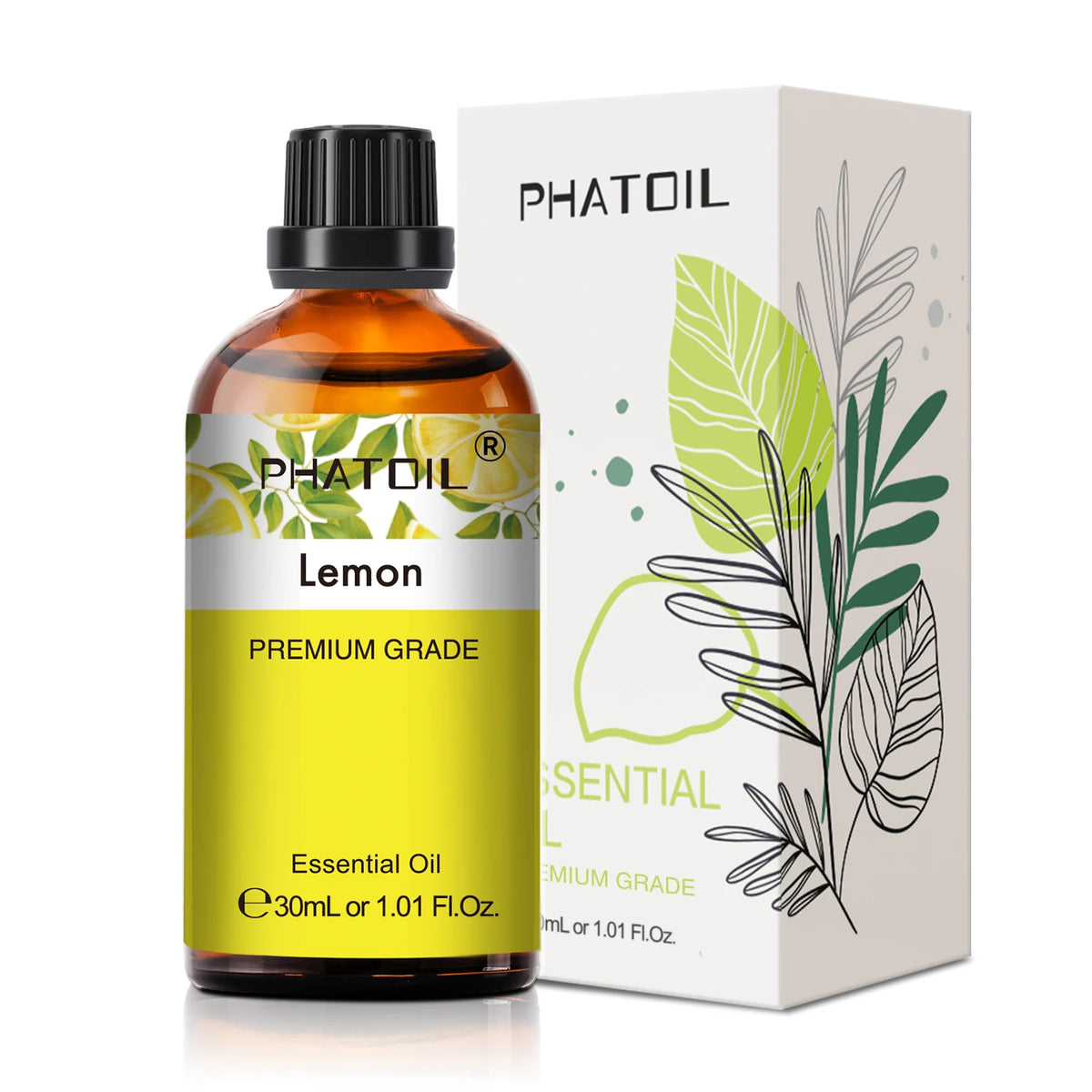 Phatoil lemon essential oil bottle and packaging on a white background