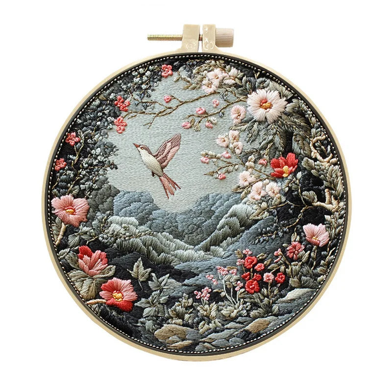 Embroidery Kit, Birds, Animals & Flowers for Handmade Landscape Wall Art