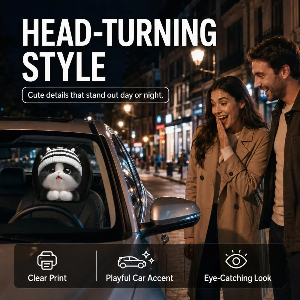 A man and woman stand beside a car at night on a city street, with large text reading 'HEAD-TURNING STYLE' and feature callouts for clear print, playful car accent, and eye-catching look. A cat plush wearing a striped knit hat sits in the car's passenger seat.