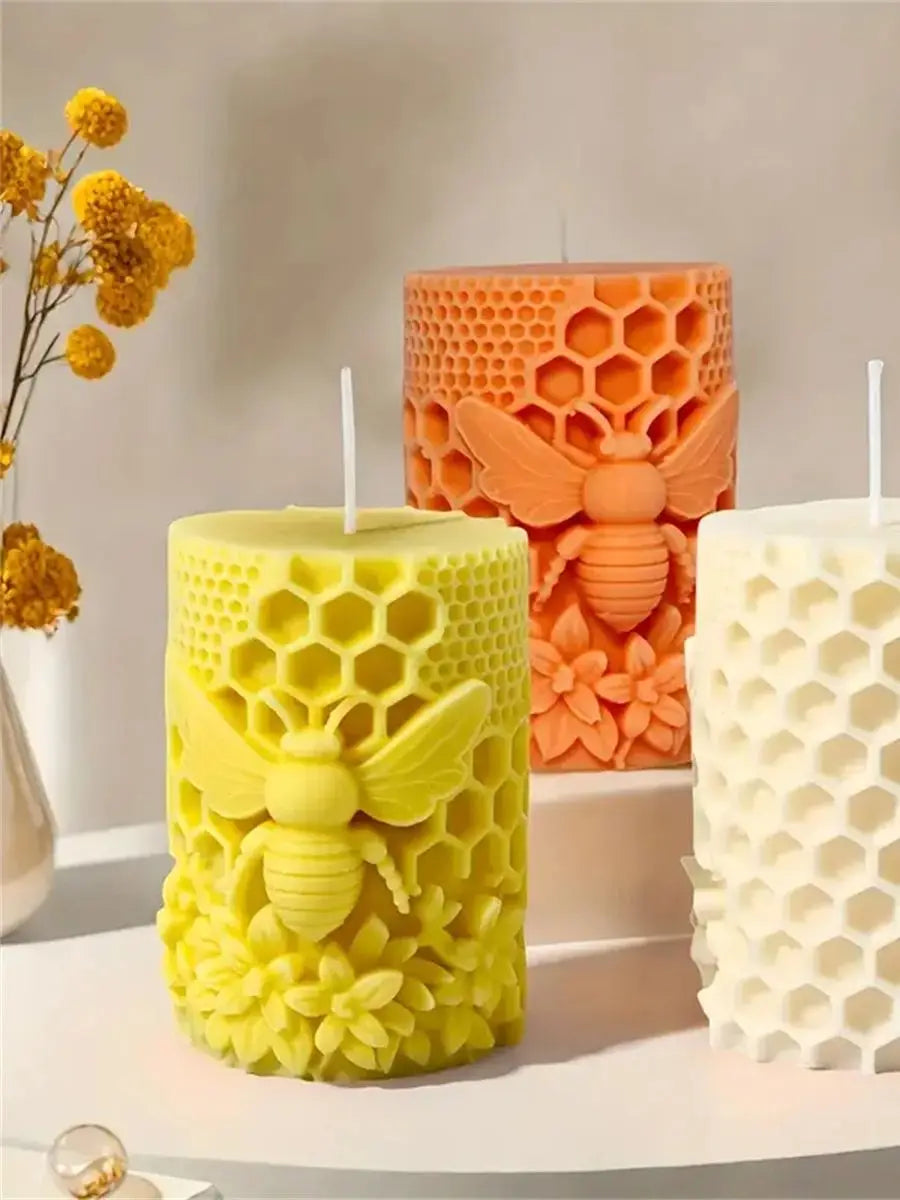 3D Honeycomb Pillar Candle Silicone Mold DIY Embossed Bee and Flower Honeycomb Cylinder Aromatherapy Candle Plaster Mold Decor
