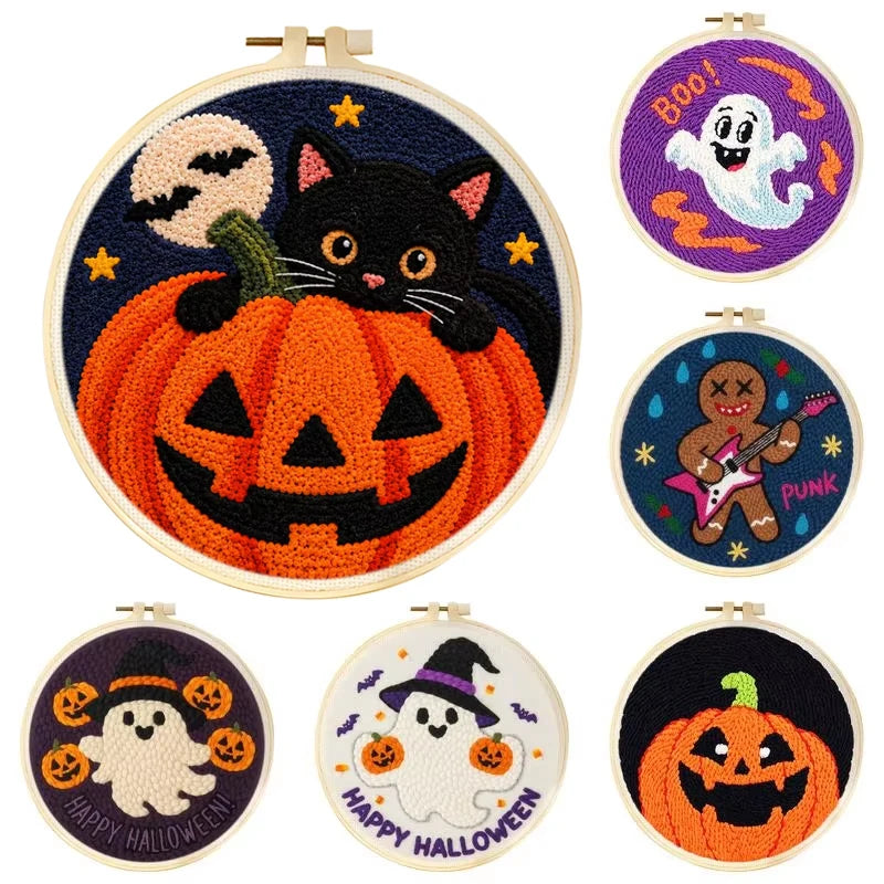 Punch Needle Kit, Halloween Ghost Design with Hoop for Spooky Wall Decor