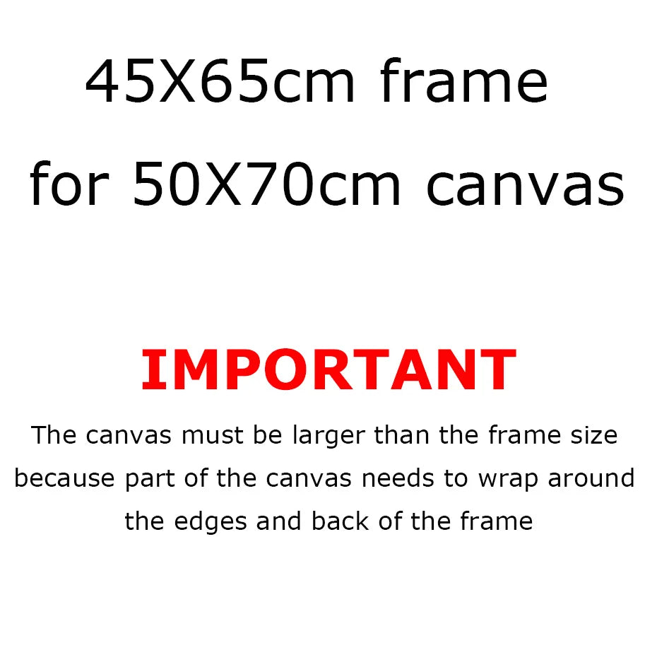Size information graphic for a frame and canvas: text states '45X65cm frame for 50X70cm canvas' with a red 'IMPORTANT' heading and a note that the canvas must be larger than the frame because part of it wraps around the edges and back.