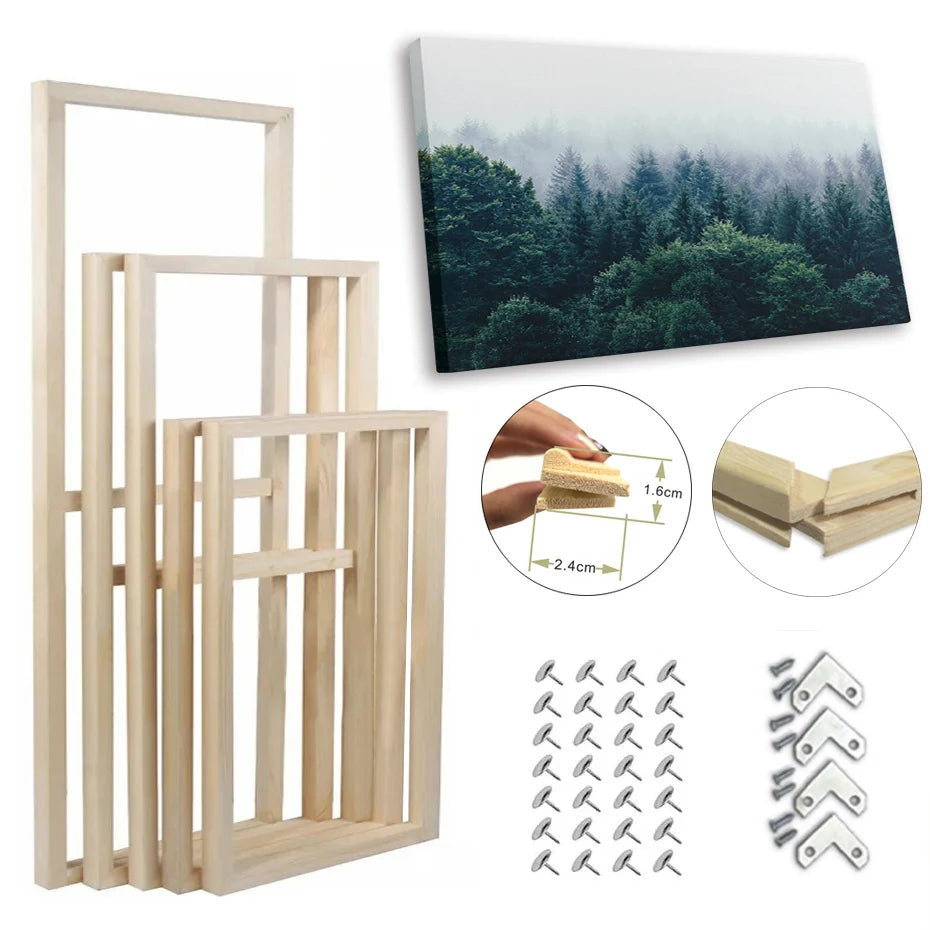 Set of wooden picture frames with installation tools and a forest scene canvas.