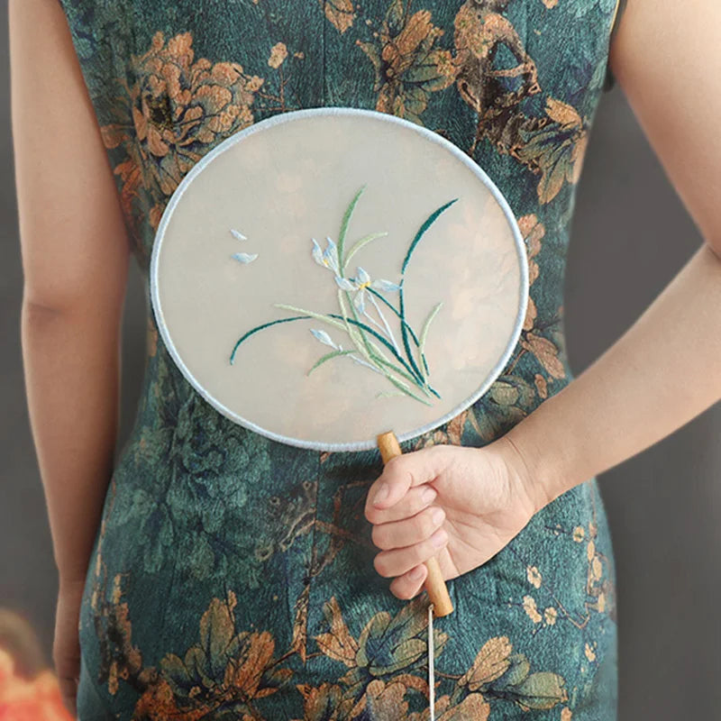 Embroidery Kit, Chinese-Style Hand Fan with Flower & Plant Patterns