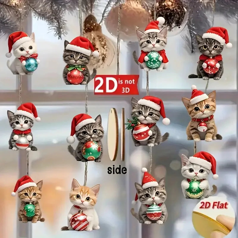 A collage showing multiple small cat-shaped Christmas ornaments hanging from strings, each wearing a red Santa hat and holding colorful ornaments. The image includes text labels such as '2D is not 3D', 'side', and '2D Flat', suggesting a product mockup or flat design preview rather than a straightforward product photo.