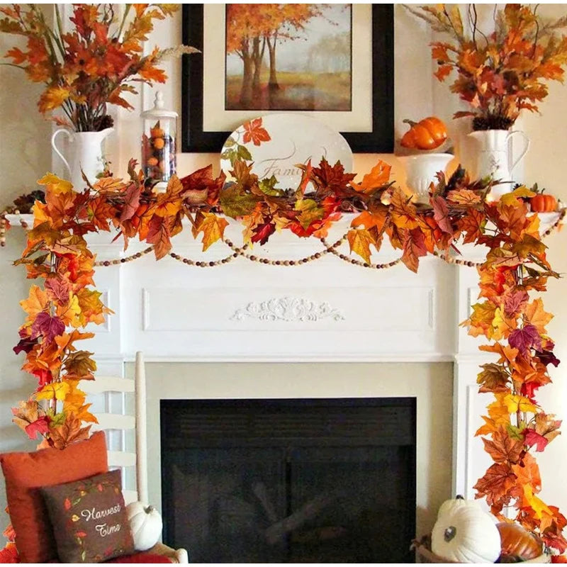 Artificial Maple Leaf Autumn Decor Fall Leaves Vine Hanging Wall Decor For Thanksgiving Halloween Wedding Party Home Decoration