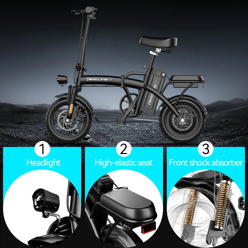 Black electric bike with features highlighted on a dark background