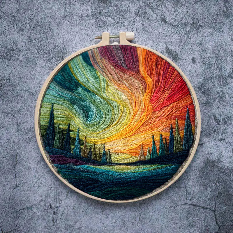 Embroidery Kit, Aurora Landscape with Threads & Tools for Handmade Decor