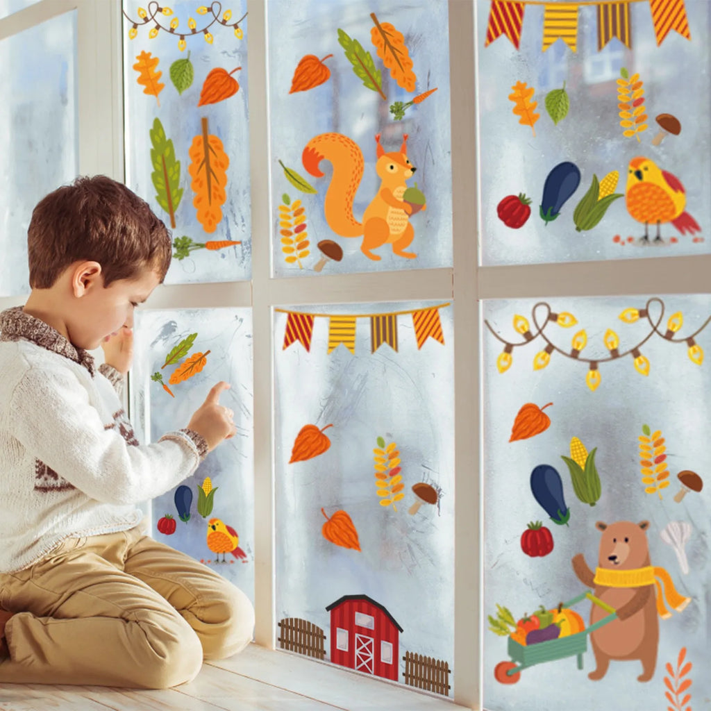 Thanksgiving Window Clings Maple Pumpkin Squirrel Stickers Thanksgiving Decoration For Home Autumn Wall Sticker Window Ornaments