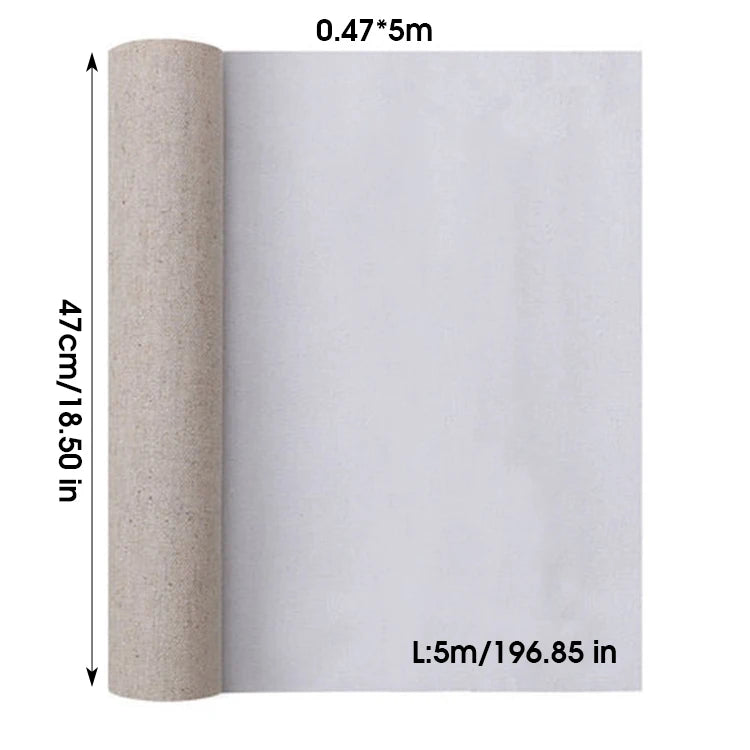 A roll of light gray canvas shown partially unrolled, with printed dimensions indicating 47 cm height and 5 m width.