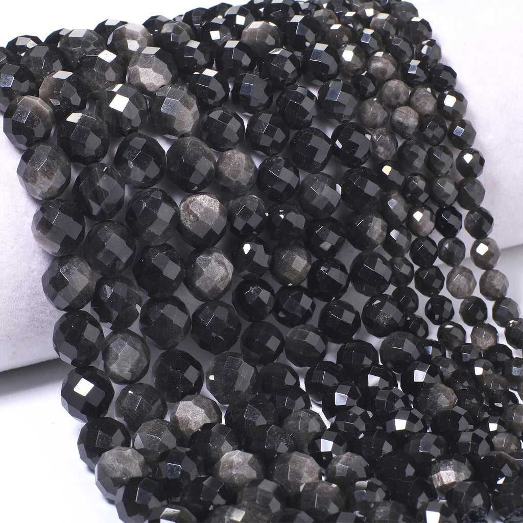 Stone Beads Faceted Round Silver Obsidian-Style for DIY Jewelry Making