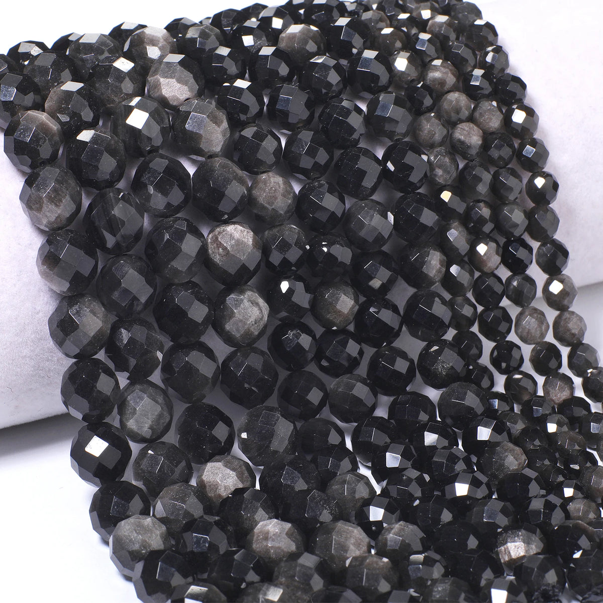 Stone Beads Faceted Round Silver Obsidian-Style for DIY Jewelry Making