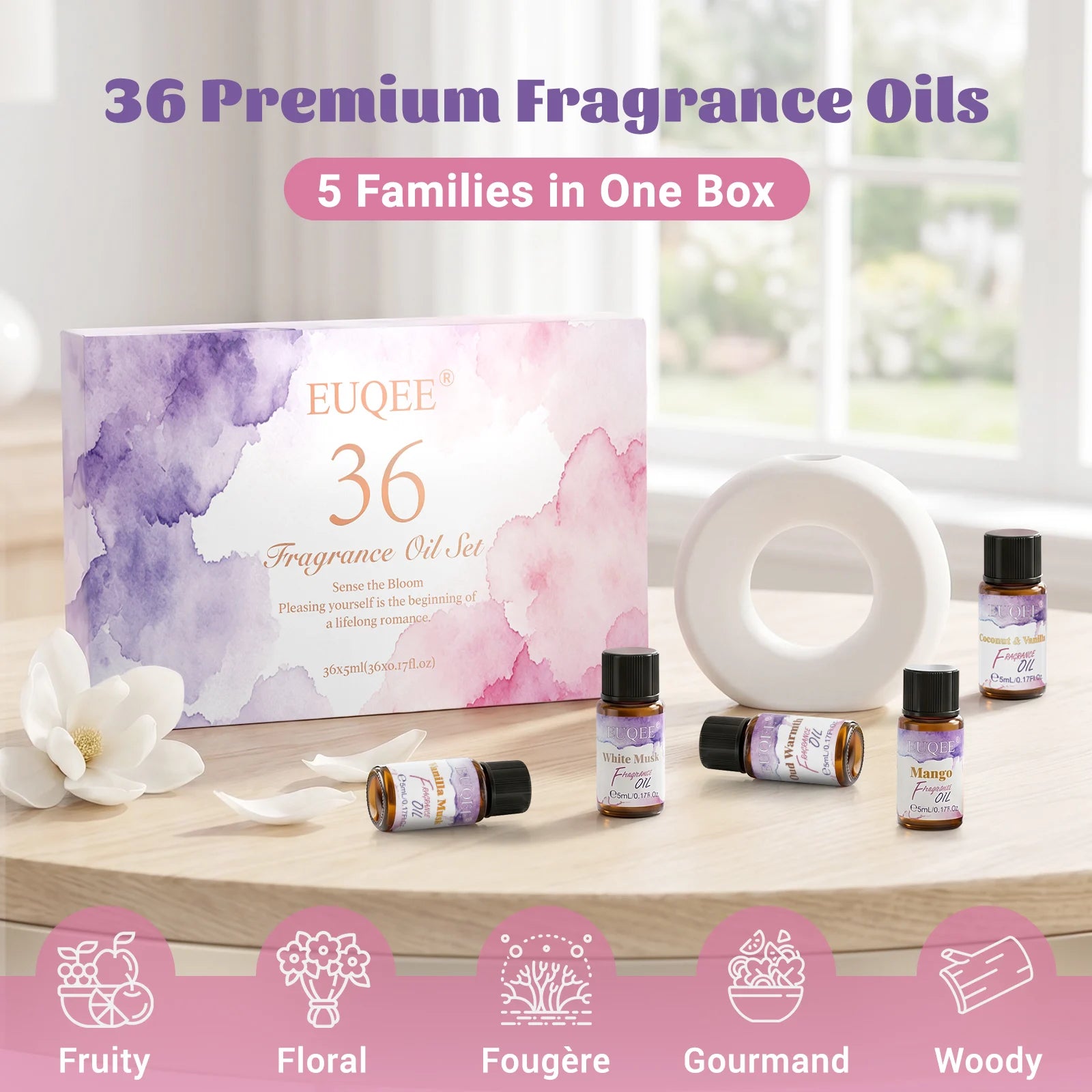 EUQEE 36 Bottles Fragrance Oils Gift Set For Candle Making Diffuser Strawberry Cherry Coconut Coffee Leather 5ml Fragrance Oil