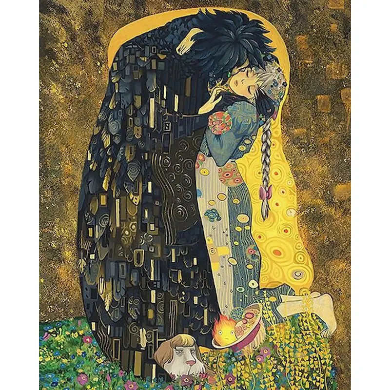 Artistic depiction of a couple embracing with decorative elements and a dog in the foreground.