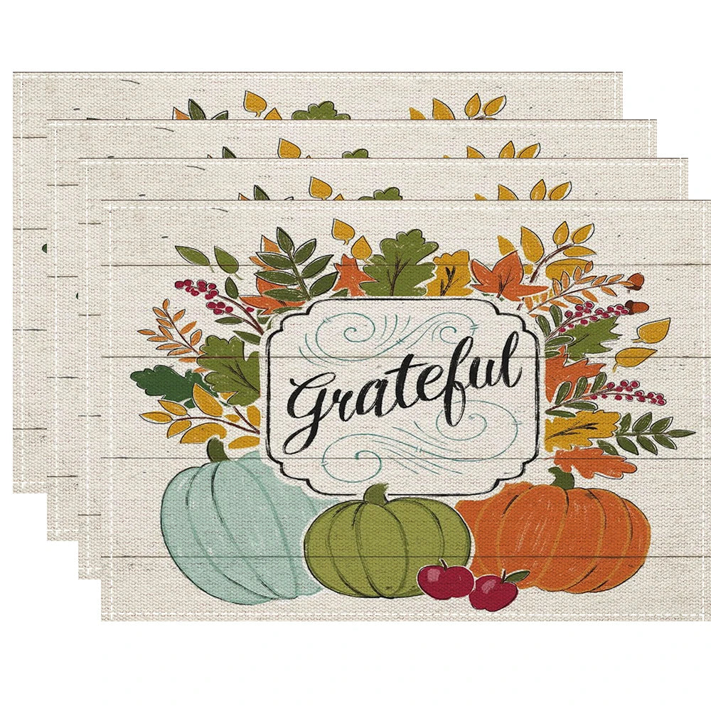 Fall Thanksgiving Linen Placemats, 13 Designs, Sets of 4/6/8, 16.5x12.6 in