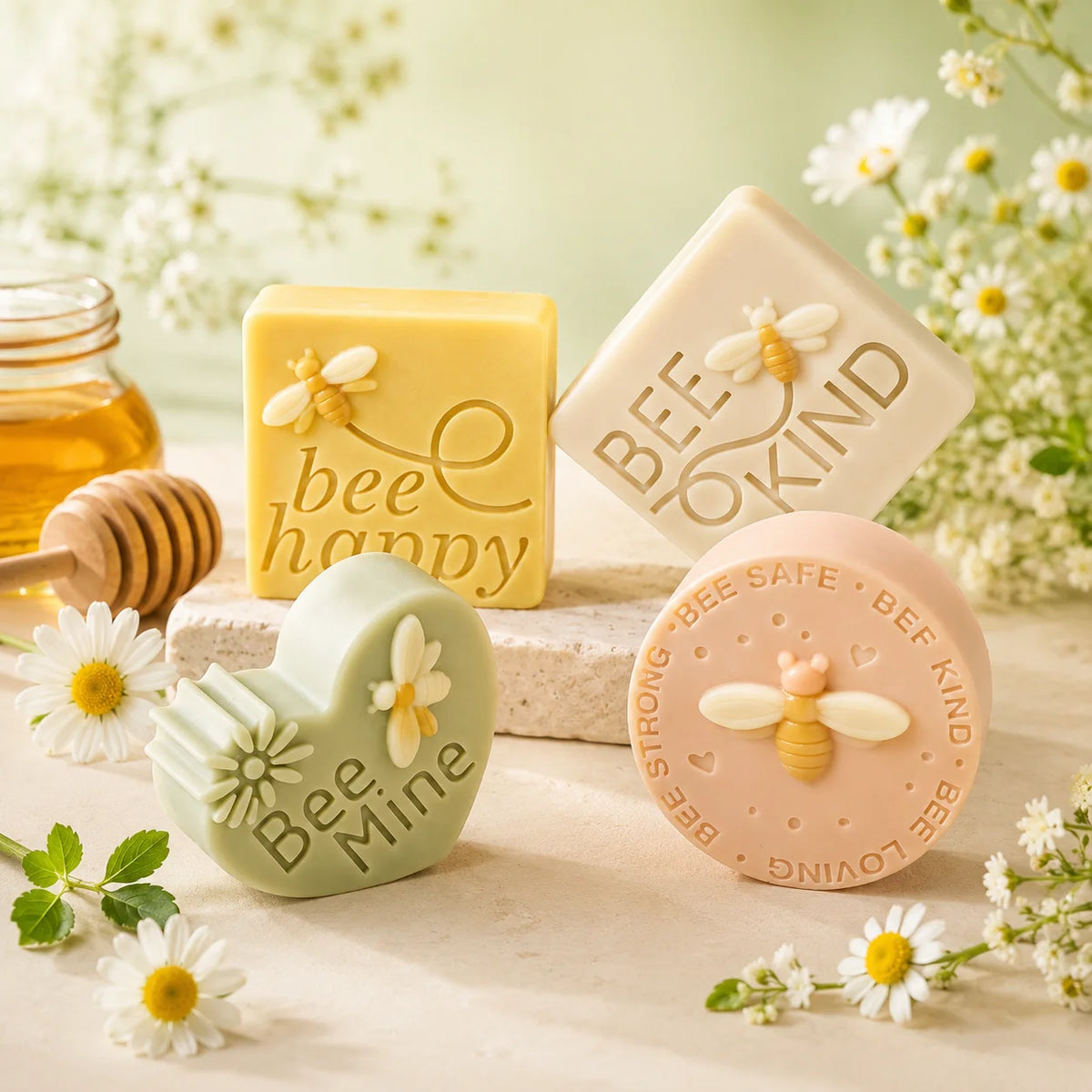 Four pastel bee quote example castings with Bee Happy, Bee Kind, Bee Mine and round bee slogan designs