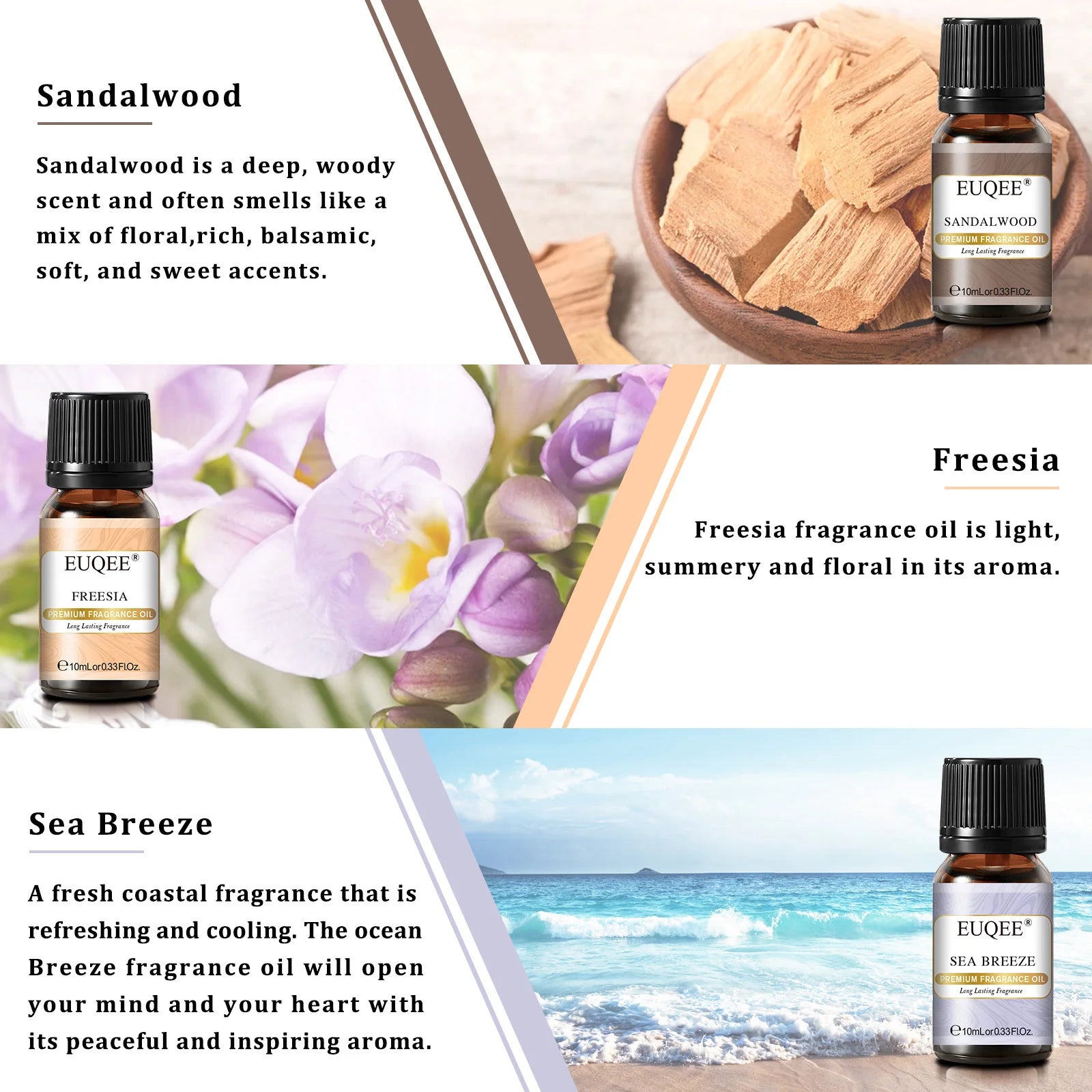 EUQEE 6PCS Fragrance Oils Gift Set For Candle Making 10ml Sea Breeze Forest Pine Bamboo & Teak Cedarwood Sandalwood Freesia