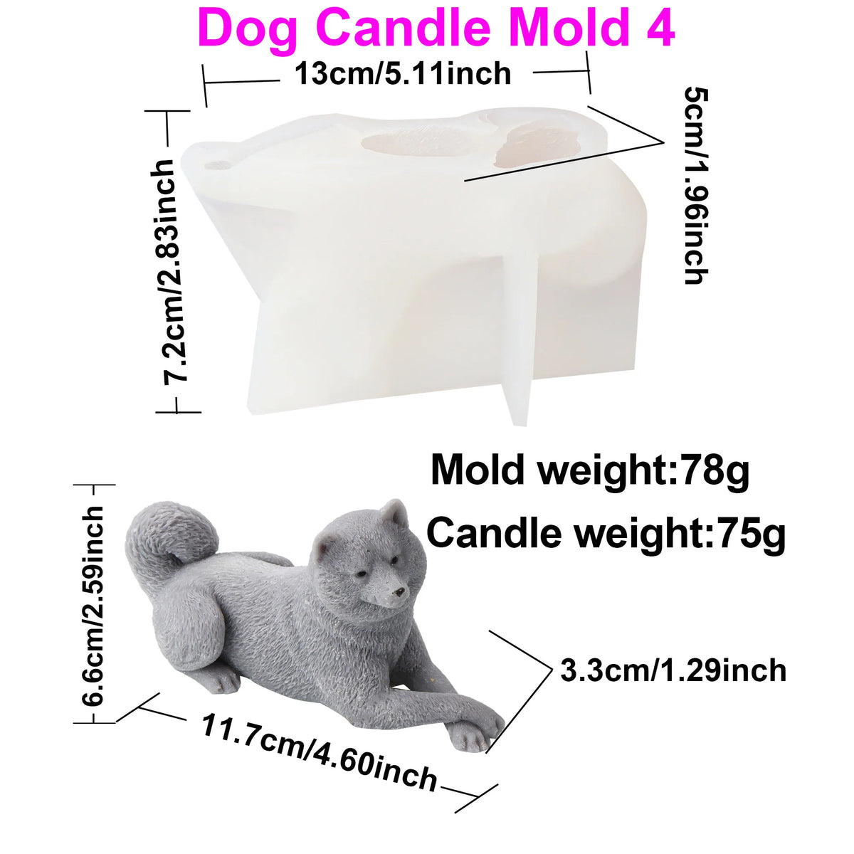 A product diagram showing a white husky shaped silicone mold and a gray husky shaped candle, with dimension lines and text listing measurements and weights on a white background.