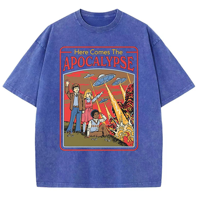 T-Shirt Unisex Here Comes the Apocalypse UFO Retro Washed Vintage Graphic Tee