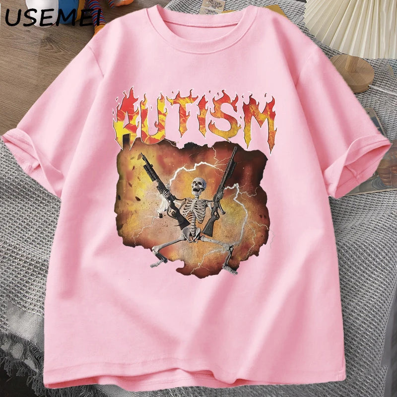 T-Shirt Autism Flame Text Skeleton Graphic Cotton Short Sleeve Unisex Tee