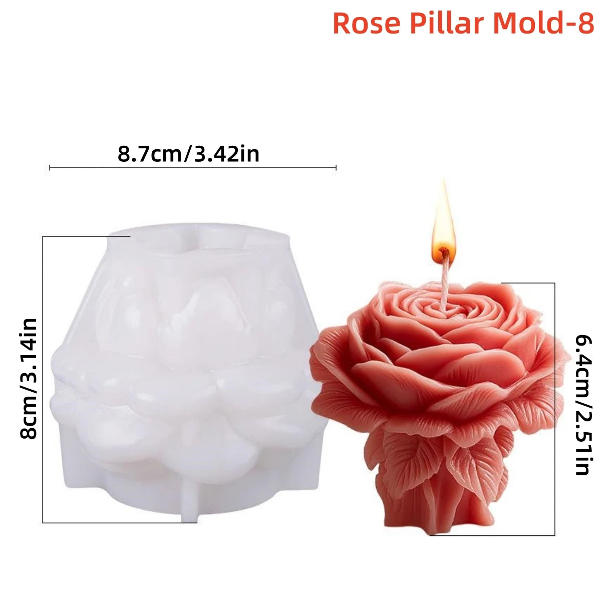 3D Rose Pillar Silicone Candle Mold — 8 Styles for Candles & Soap