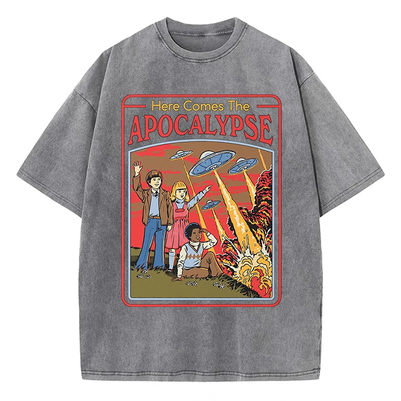 T-Shirt Unisex Here Comes the Apocalypse UFO Retro Washed Vintage Graphic Tee