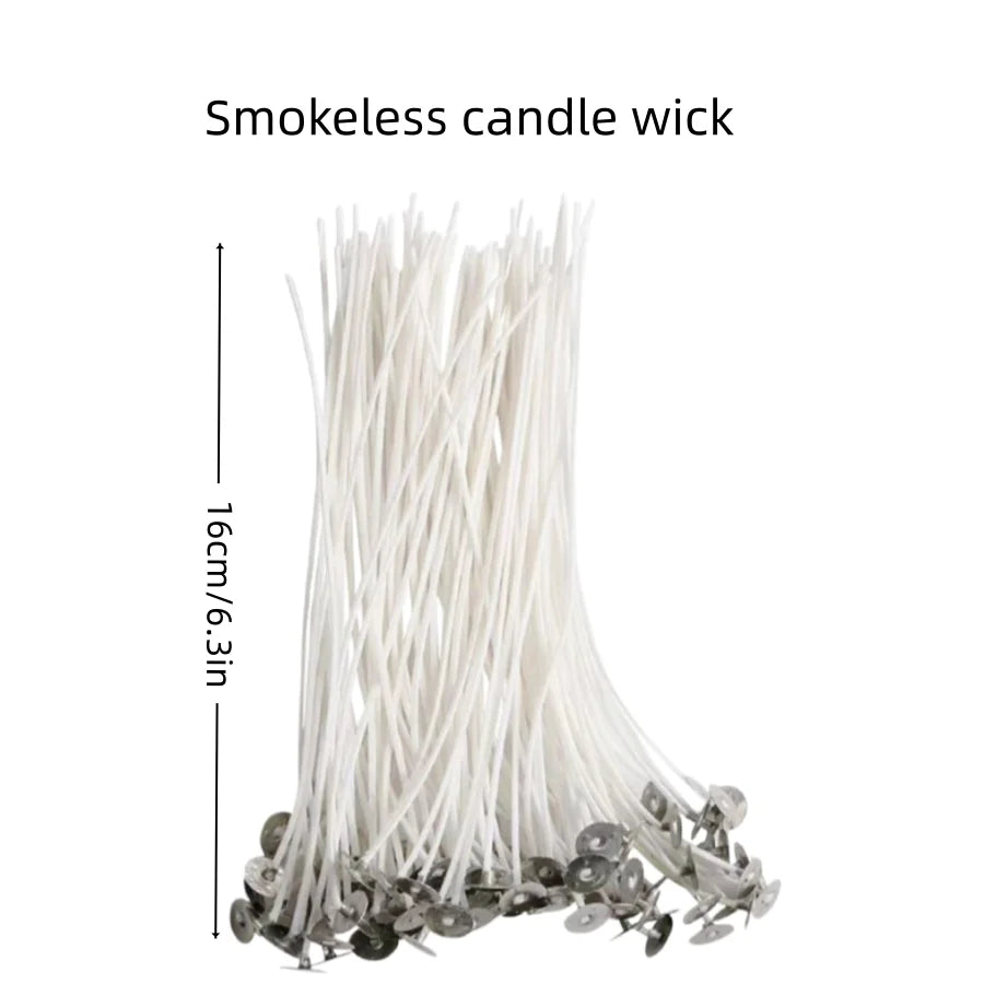 A bundle of white smokeless candle wicks with metal wick bases, shown on a white background with text indicating 'Smokeless candle wick' and a height of 16cm/6.3in.