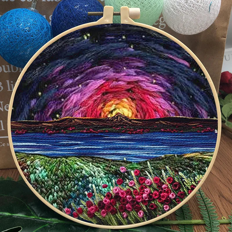 Embroidery Kit, Mountain Scenery with Hoop for Beginner Handmade Wall Art