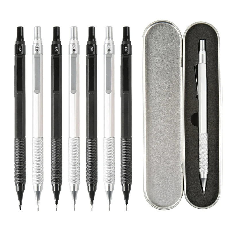 Metal Mechanical Pencil & Lead Refills — 0.3 to 2.0mm, Black or Silver