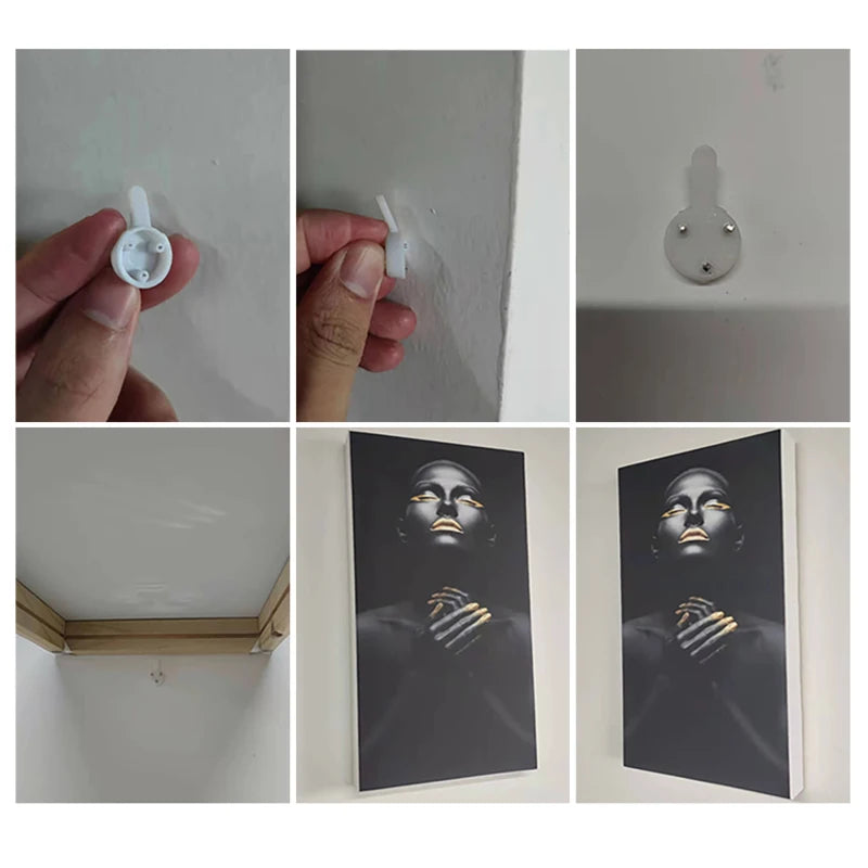 Step-by-step installation of a wall-mounted fixture with a decorative print below.