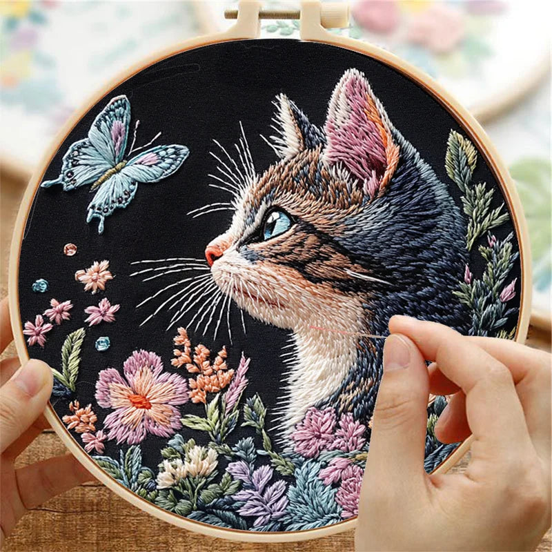 Embroidery Kit, Cats & Flowers for Beginner Needlework & Handmade Decor