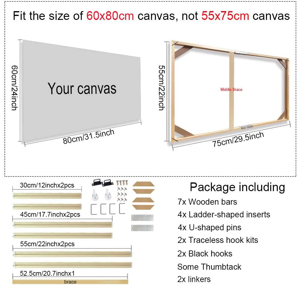 Canvas size and package contents for a DIY art project with dimensions and materials listed.
